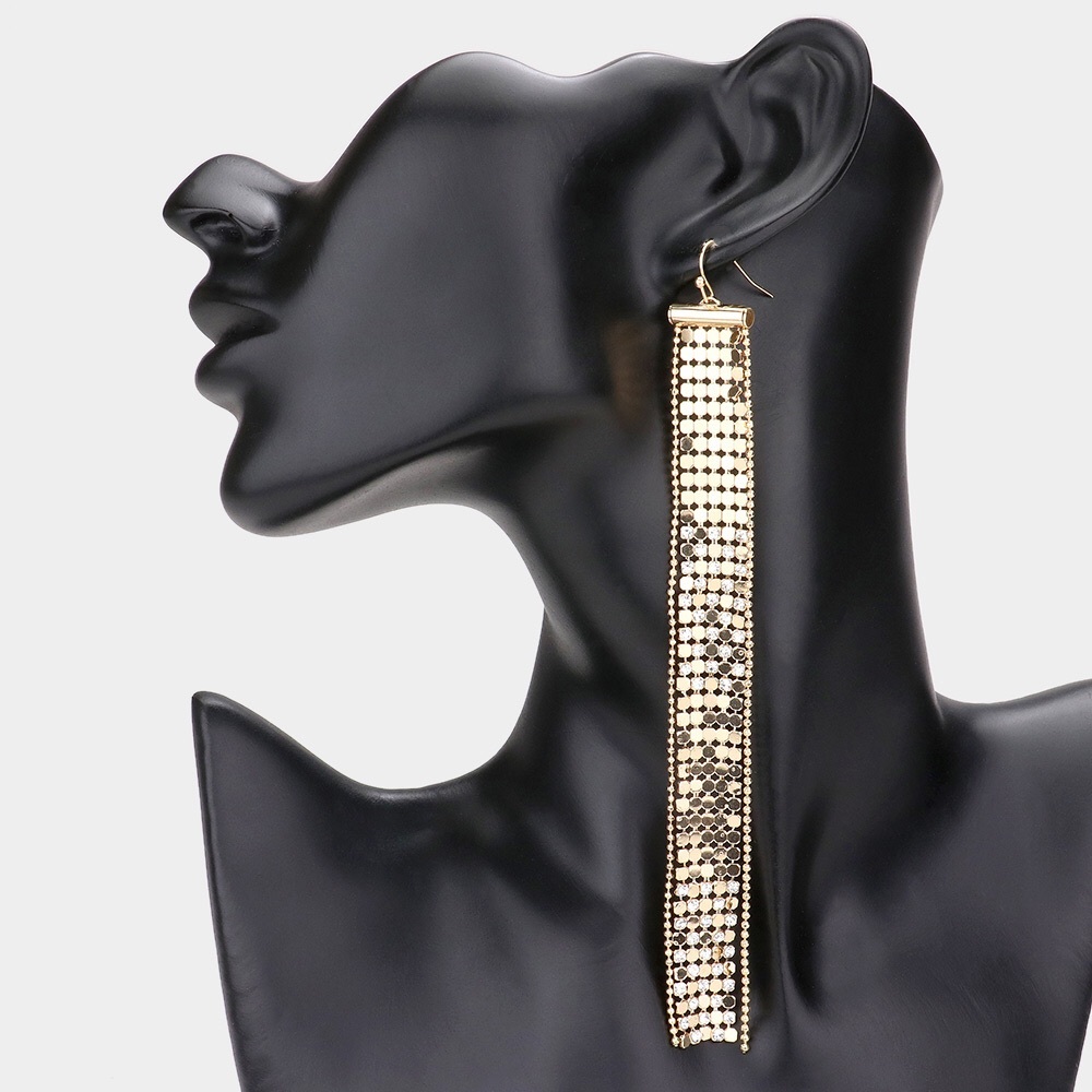 Long Glamorous Gold Mesh Chain Dangle Statement Earrings